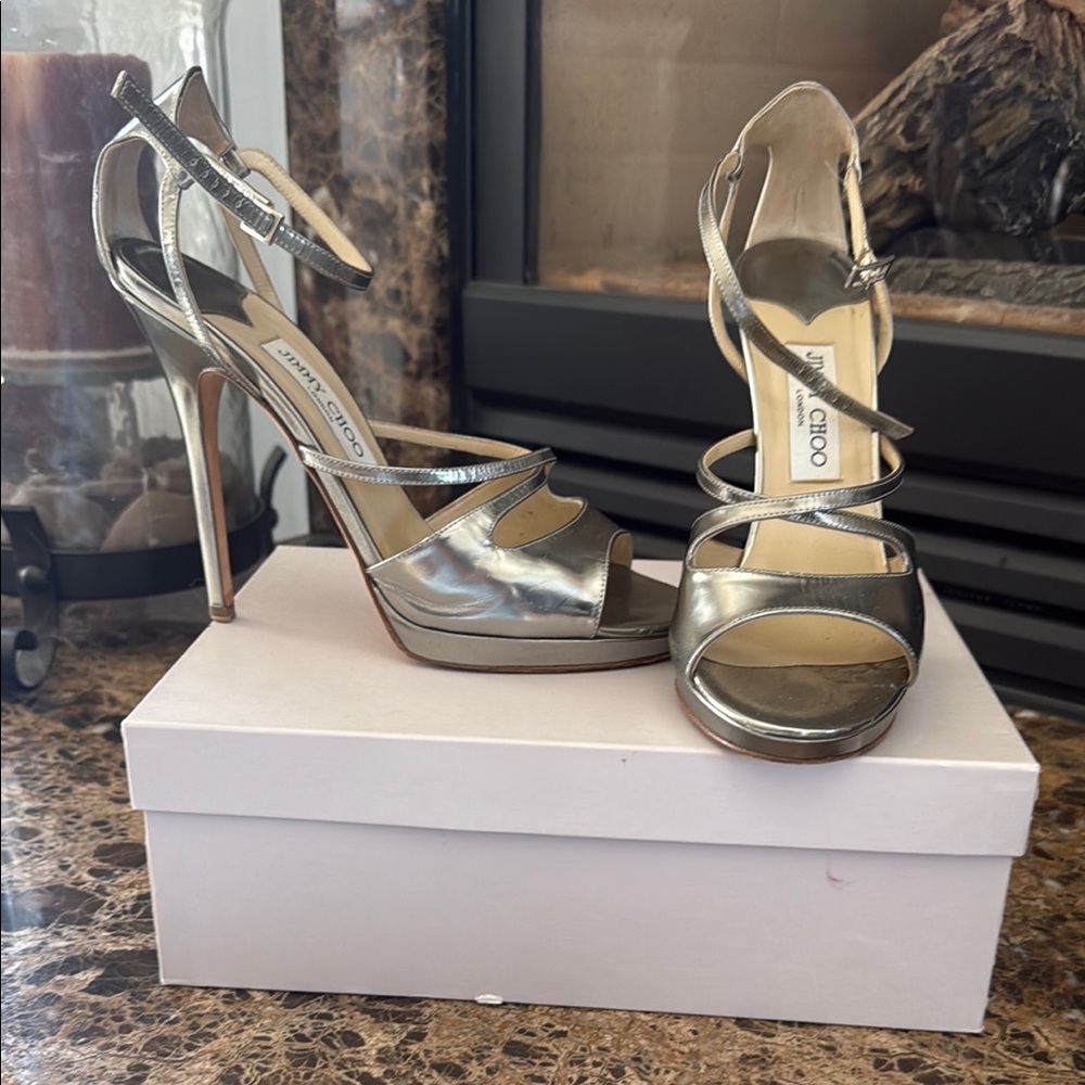 Jimmy Choo Silver Stiletto Sandals with Strappy Design